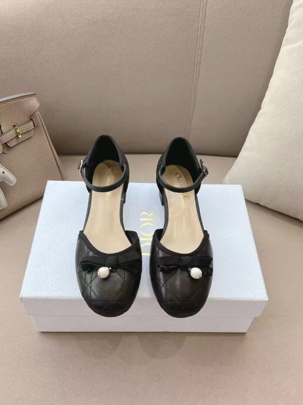 Christian Dior Black Bow Pearl Ankle Strap Block Heel Sandals